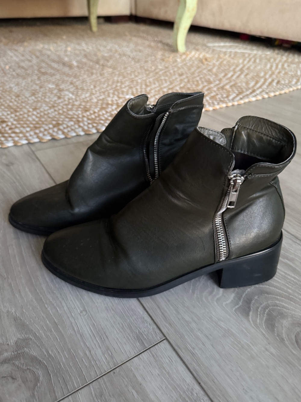 Forever 21 Olive Green Leather Ankle Boots with Side Zipper